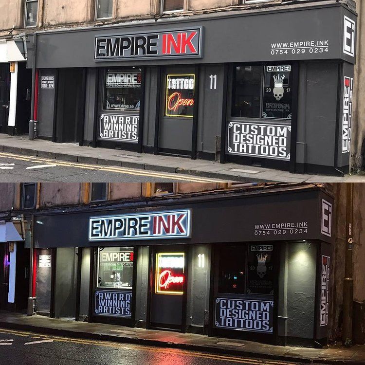 A before and after photo of empire ink tattoo shop