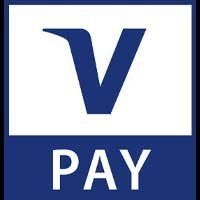 A blue and white logo with the letter v and the word pay.