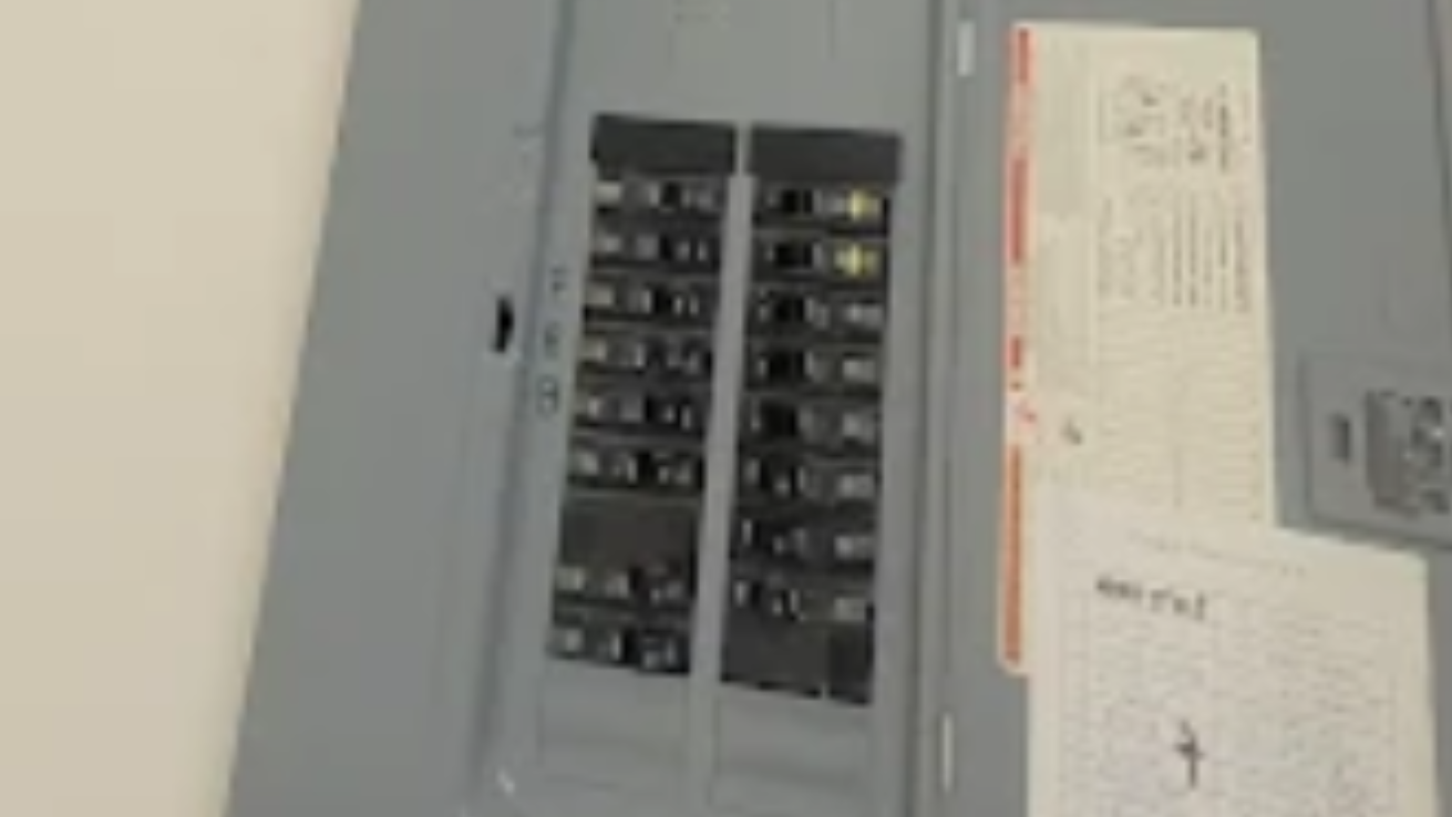 Gray electrical breaker panel with switches next to a posted instruction sheet on a wall.