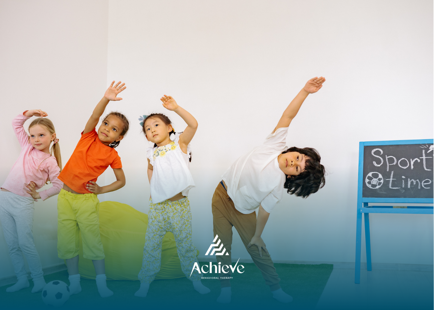 Children stretching in a room with 