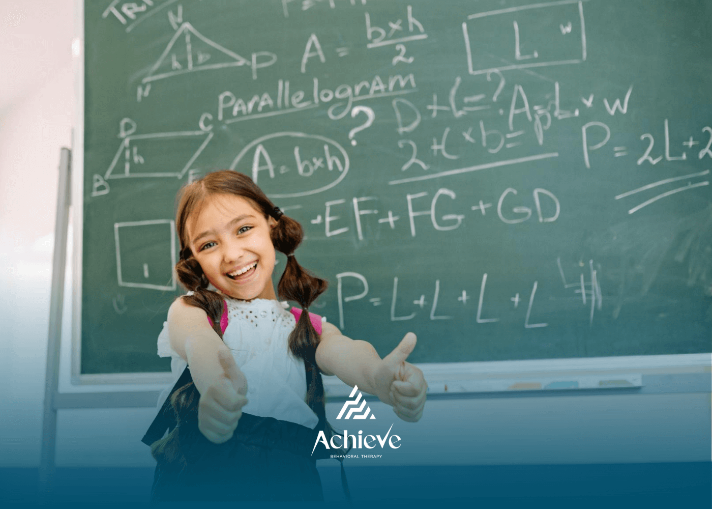 An autistic schoolgirl giving thumbs up in front of chalkboard with math equations in New Jersey.