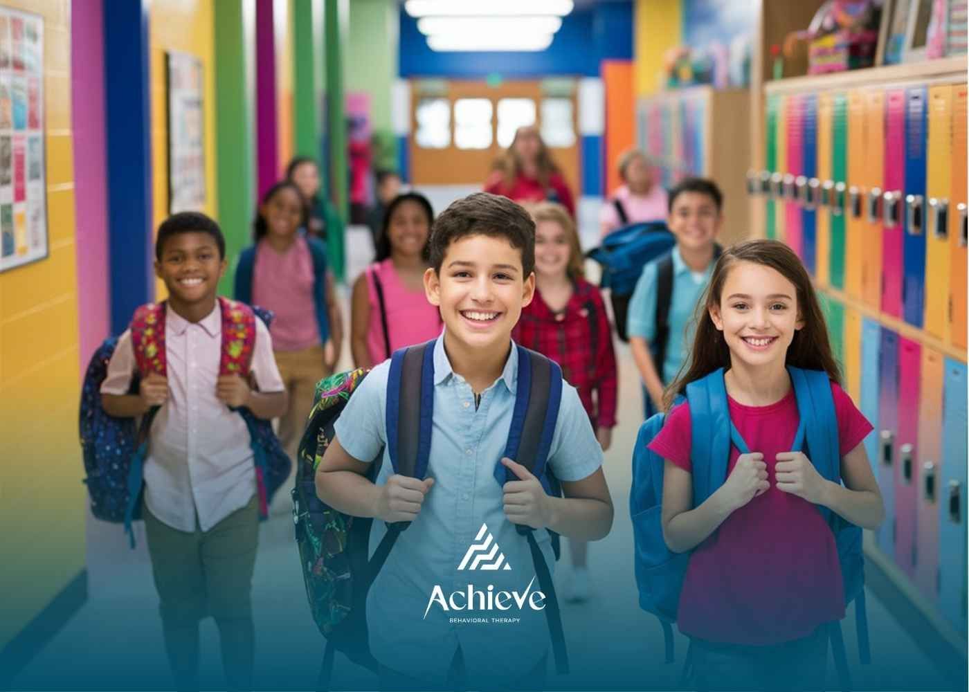 A diverse group of smiling children with backpacks walk through a colorful school hallway.