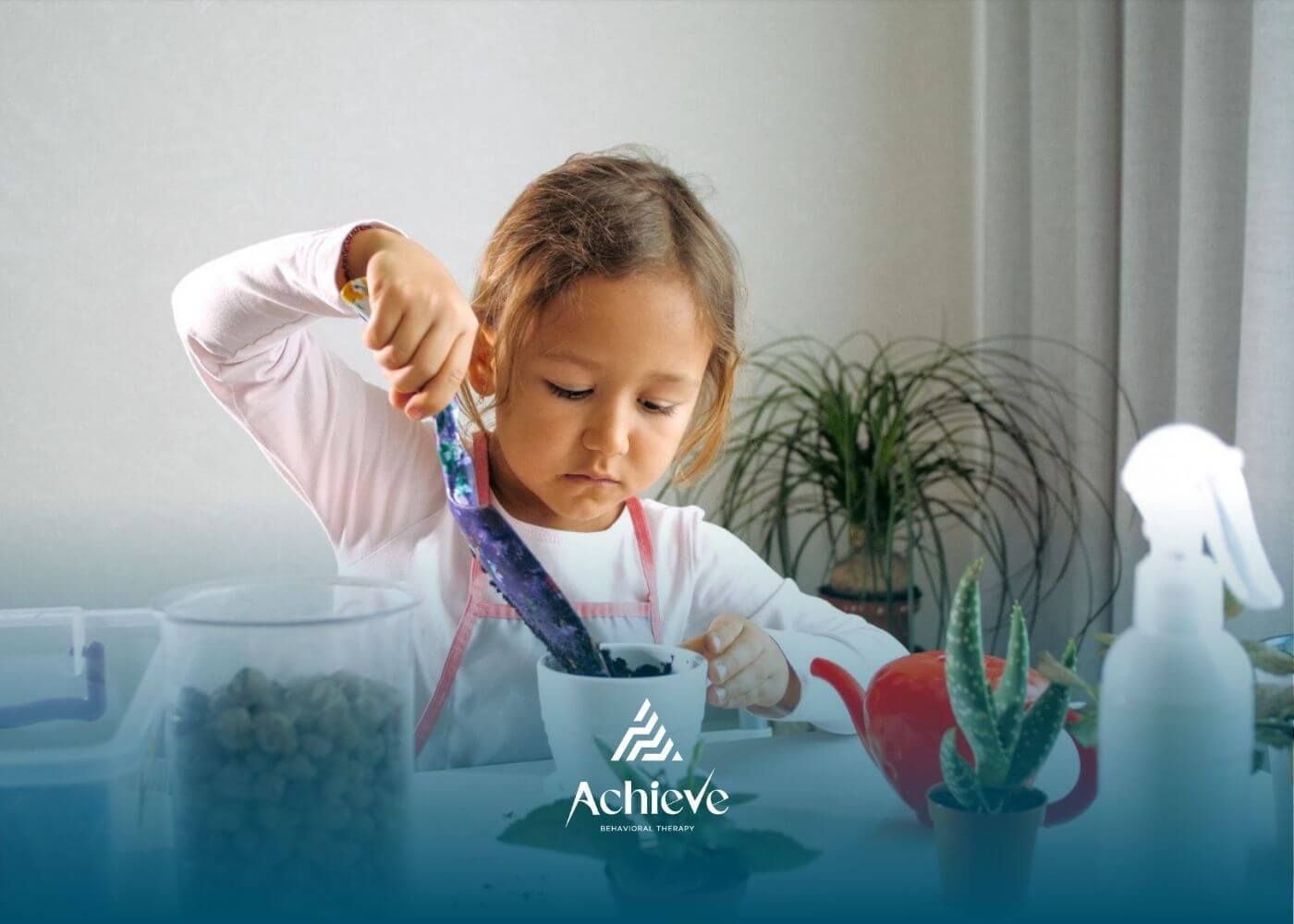 Girl with autism planting in a cup with soil and tools.