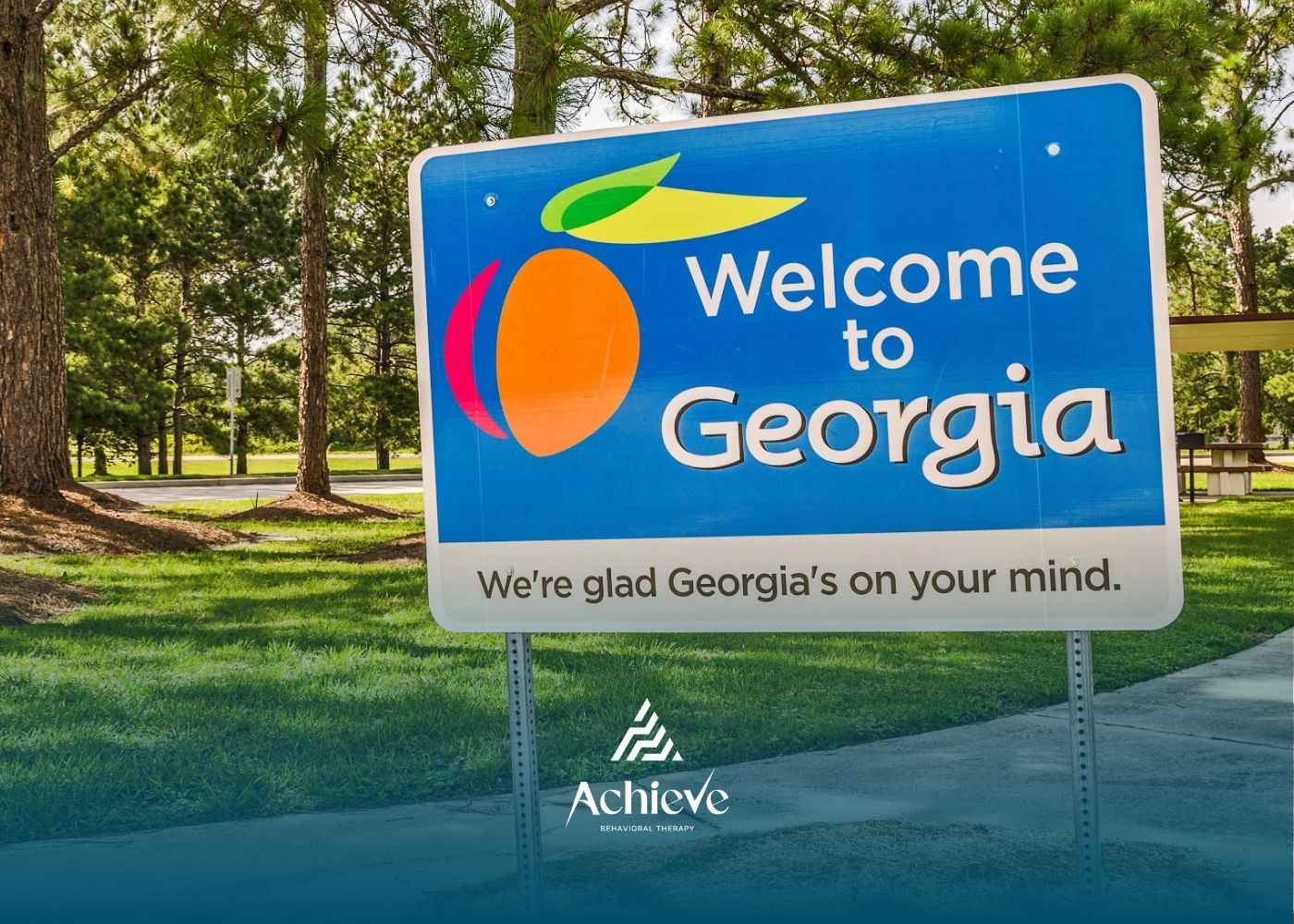 Blue “Welcome to Georgia” roadside sign in a green park setting