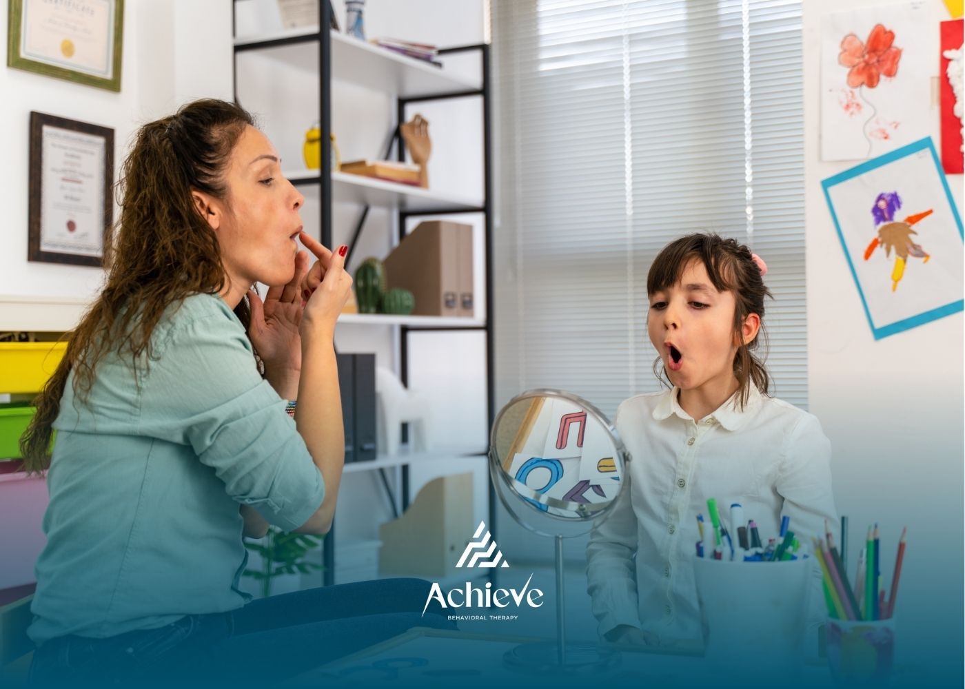 Woman and child doing speech therapy exercises, looking in a mirror.