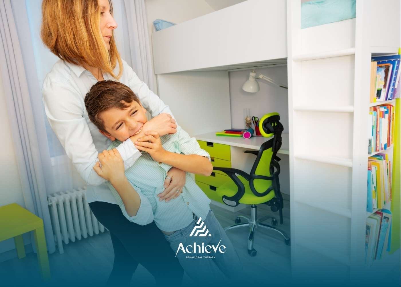 Woman restraining a child, possibly disciplining.  They are in a child's bedroom with a bunk bed and desk.