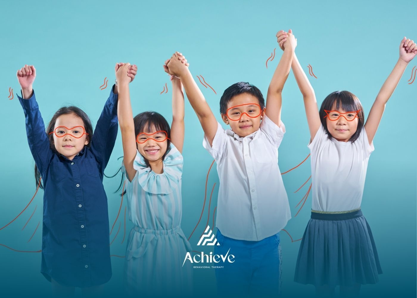 Four children with arms raised, holding hands, wearing glasses and smiling in front of a teal backdrop.