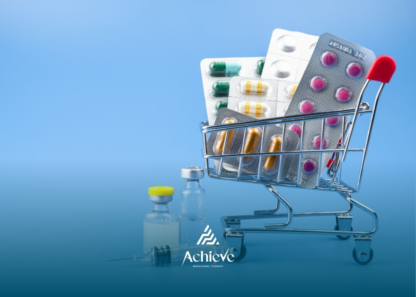 Shopping cart filled with various pill blister packs against a blue background.