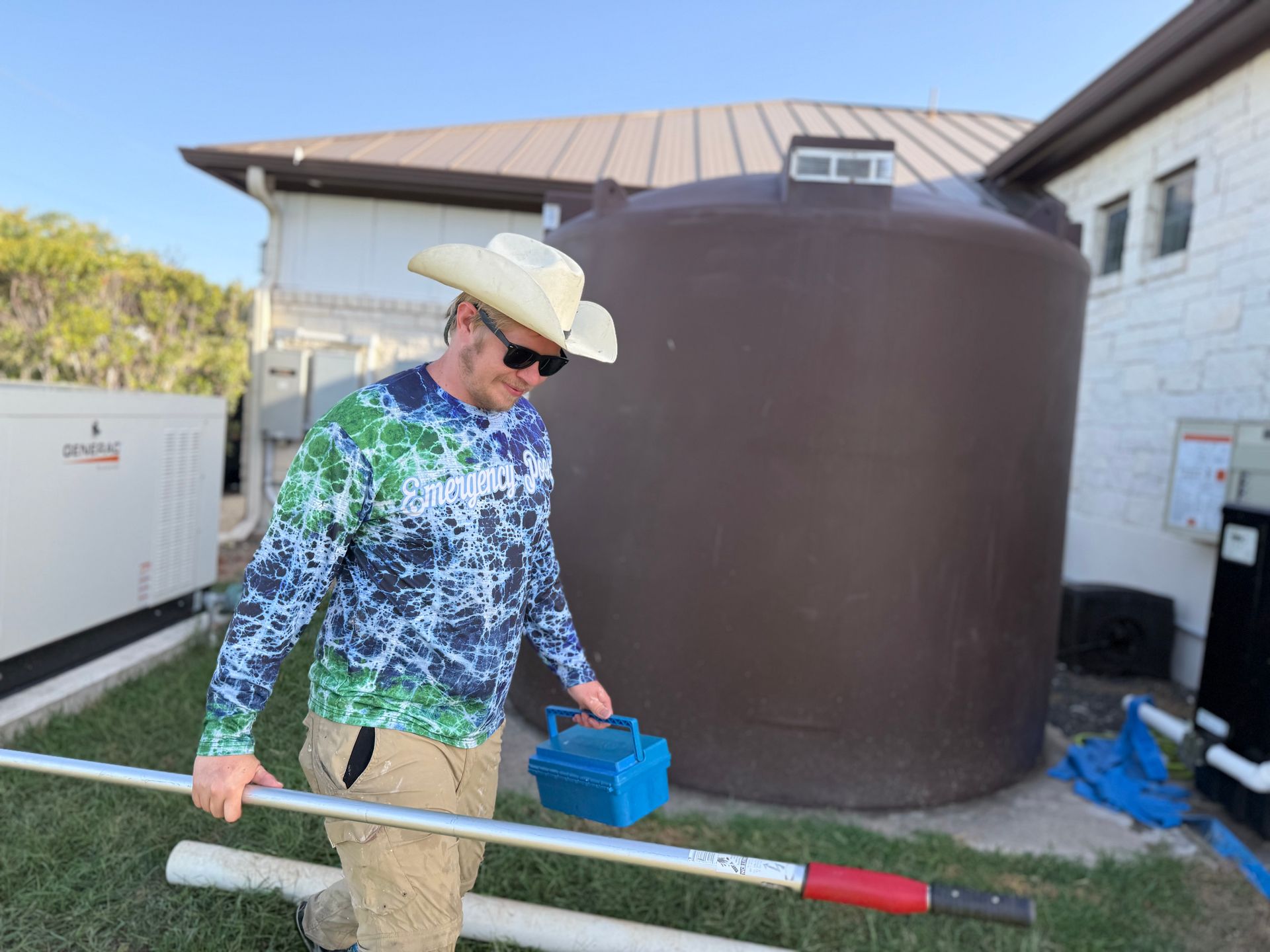 Man in cowboy hat by a water tank, holding tools; sunny day.