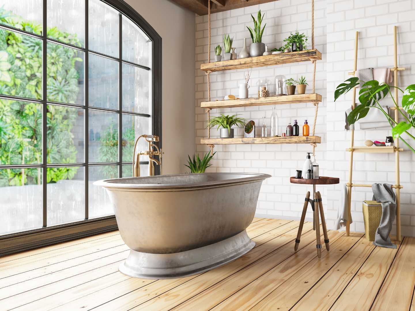 Eco-friendly bathroom with a metal bath, lots of plants, washing products and a big window