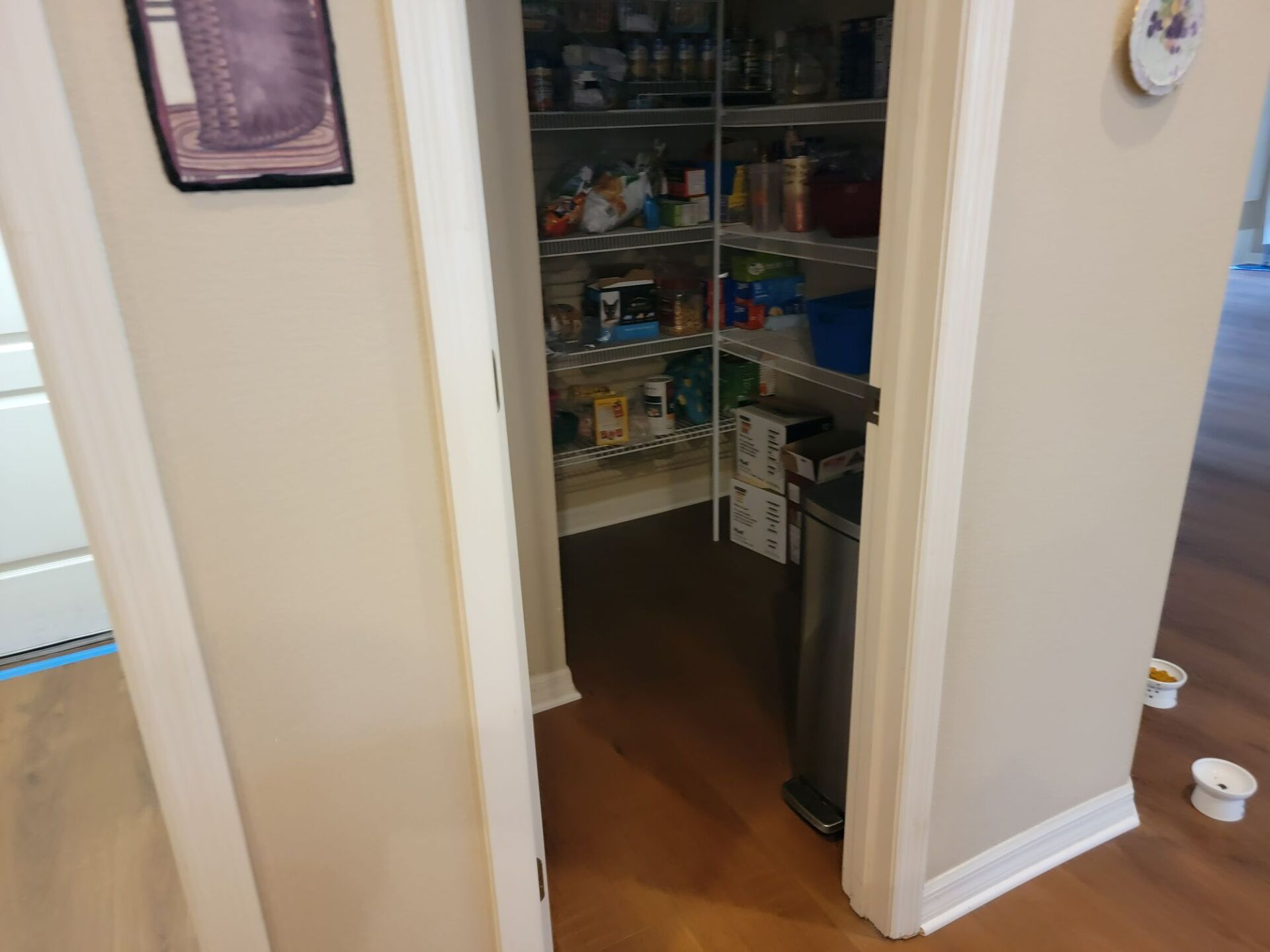 A pantry filled with lots of food and a trash can.