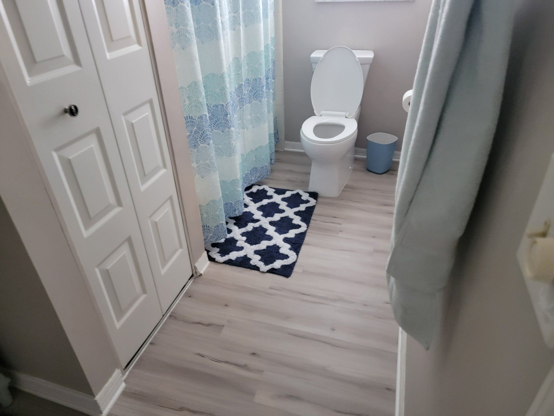A bathroom with a toilet and a shower curtain.