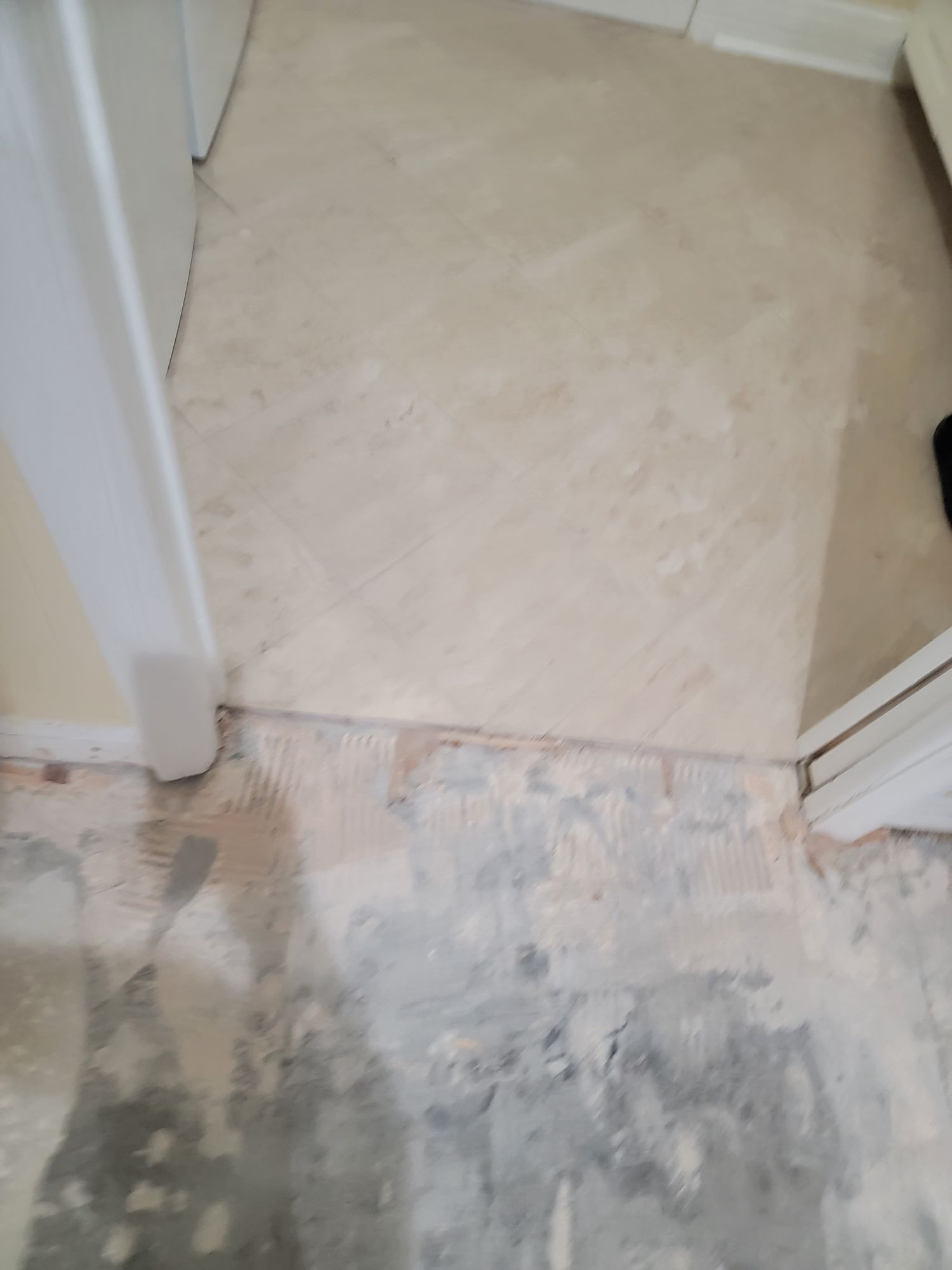 A dirty floor in a room next to a door.