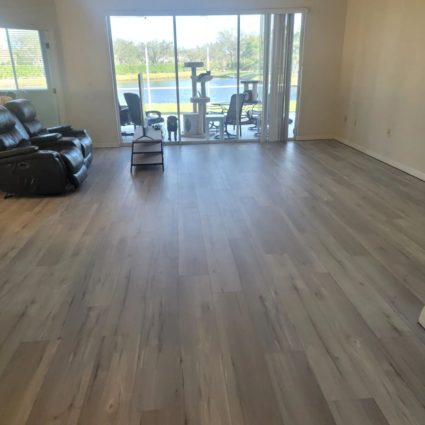 A living room with hardwood floors , a couch , and a cat tree.