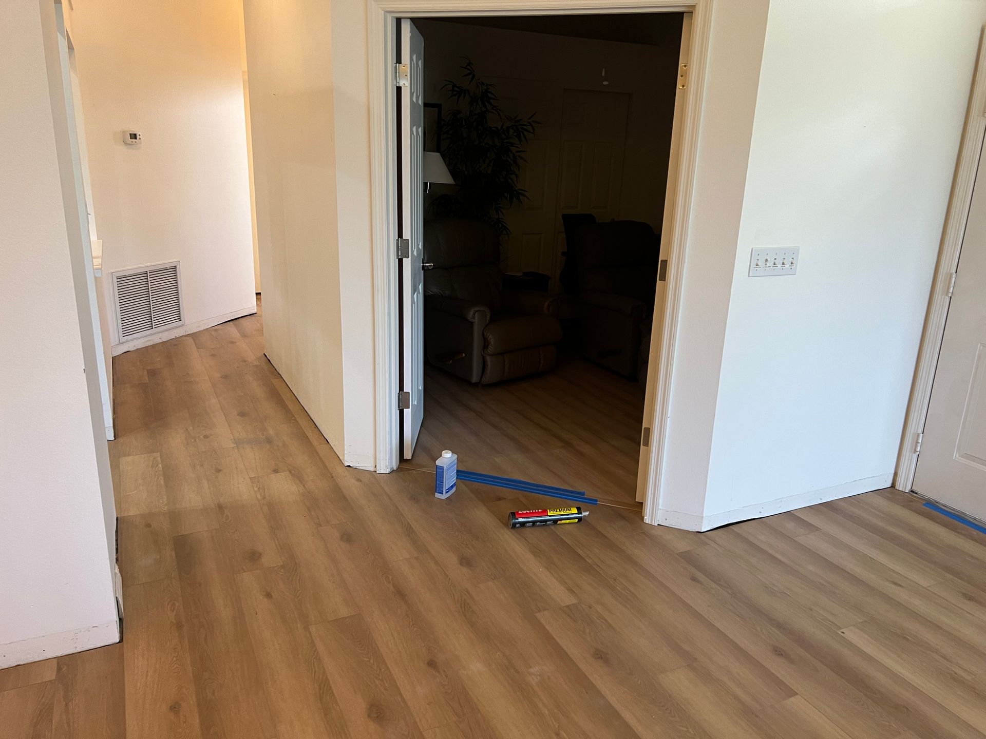 A hallway with hardwood floors and a door leading to a living room.