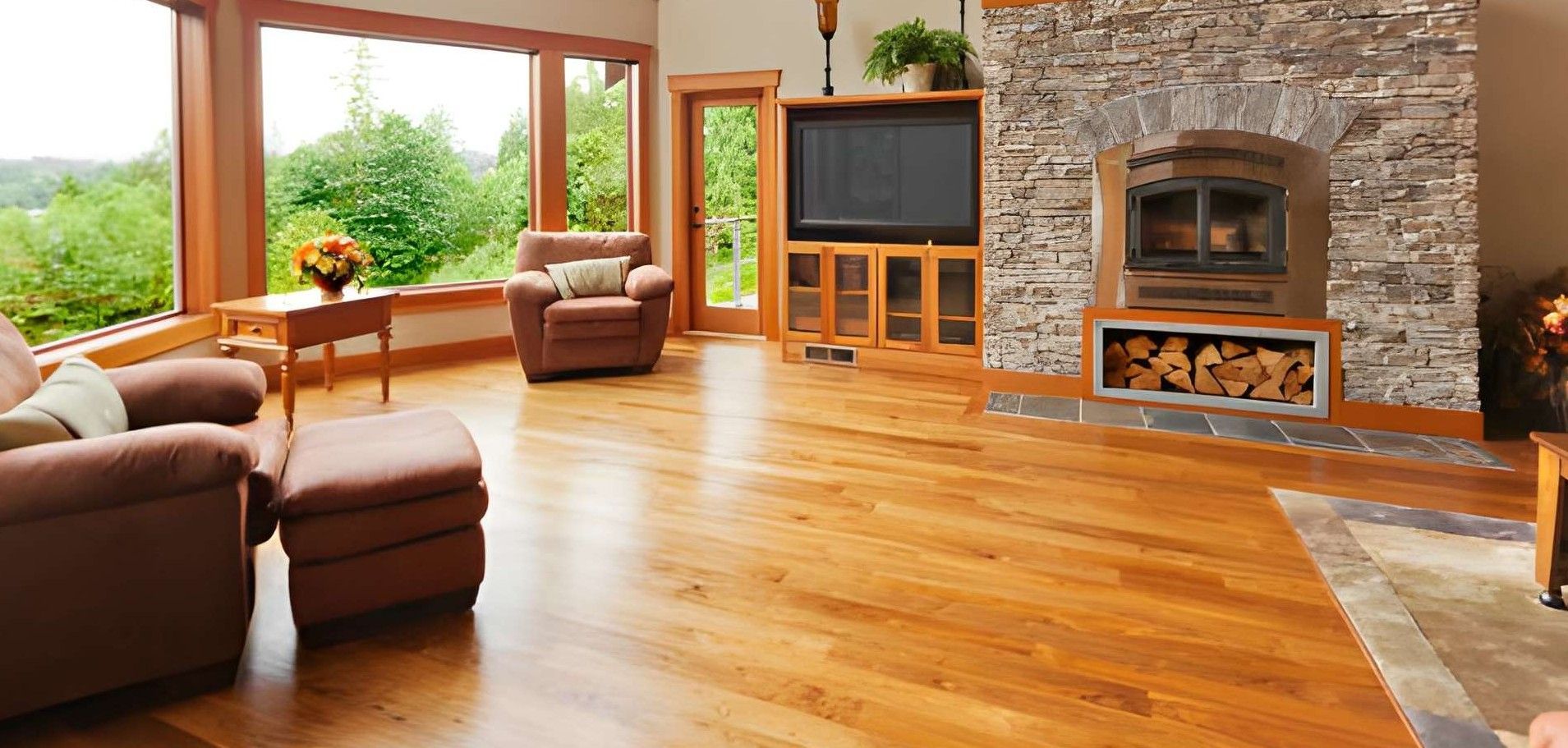 Woman smiling, pushing a cleaning cart down a brightly lit hallway.