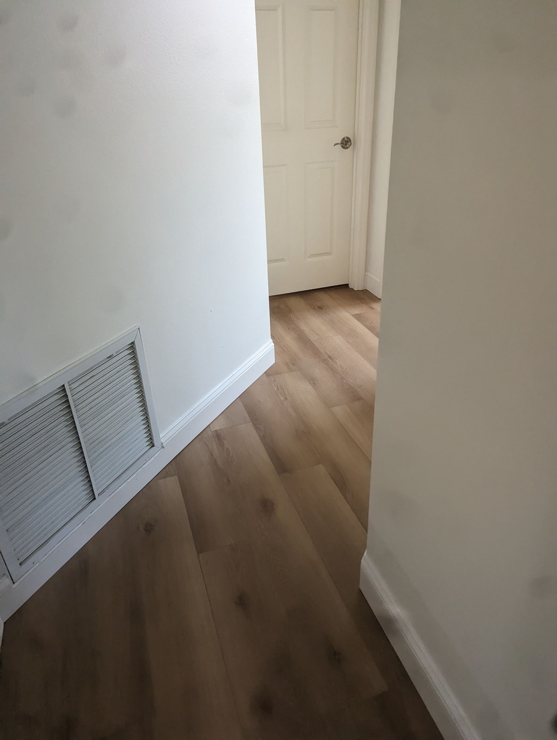 A hallway with hardwood floors and a white door.