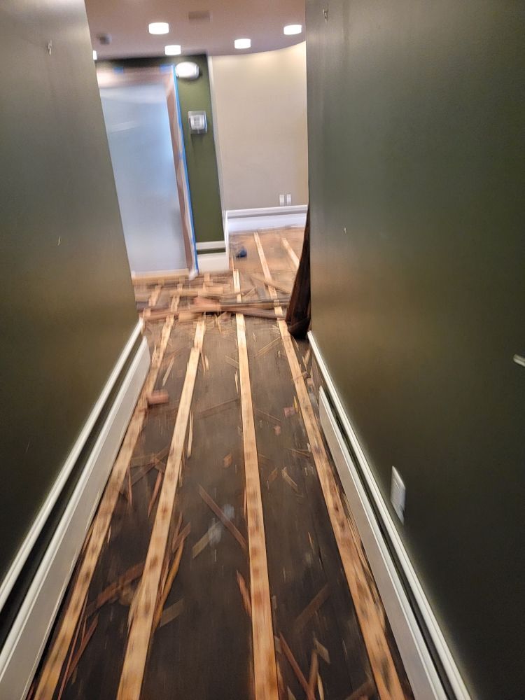 A hallway with a wooden floor and a green wall.