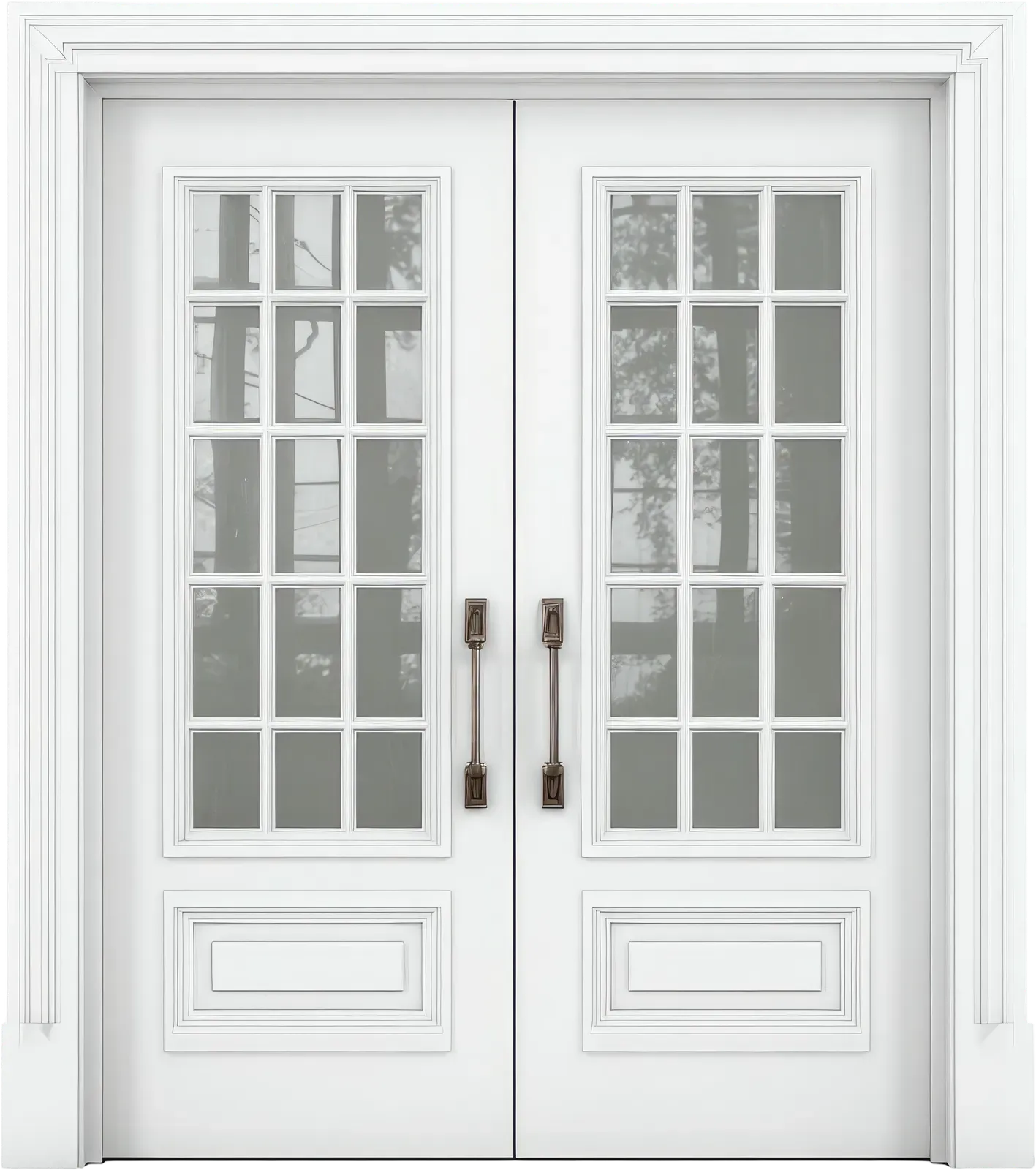 White double doors with glass panels and bronze handles.
