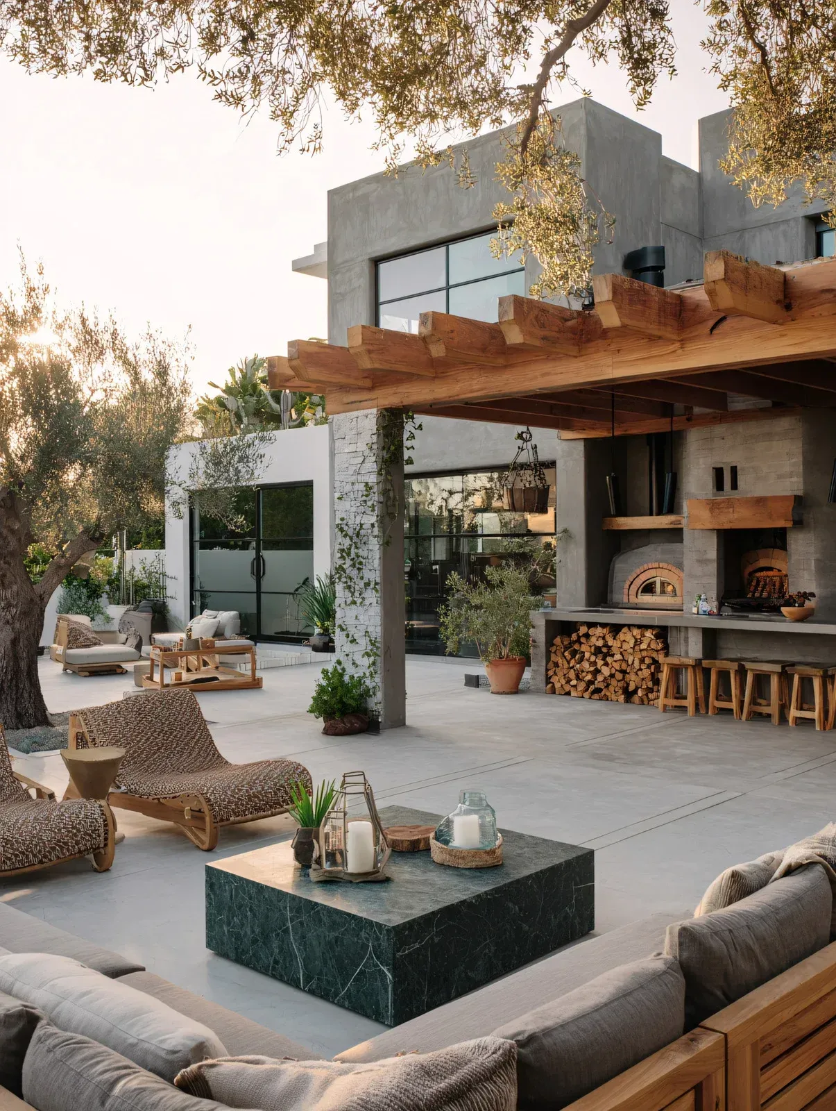 Outdoor patio with modern concrete house, wooden pergola, fireplace, lounge seating, and a stone coffee table.