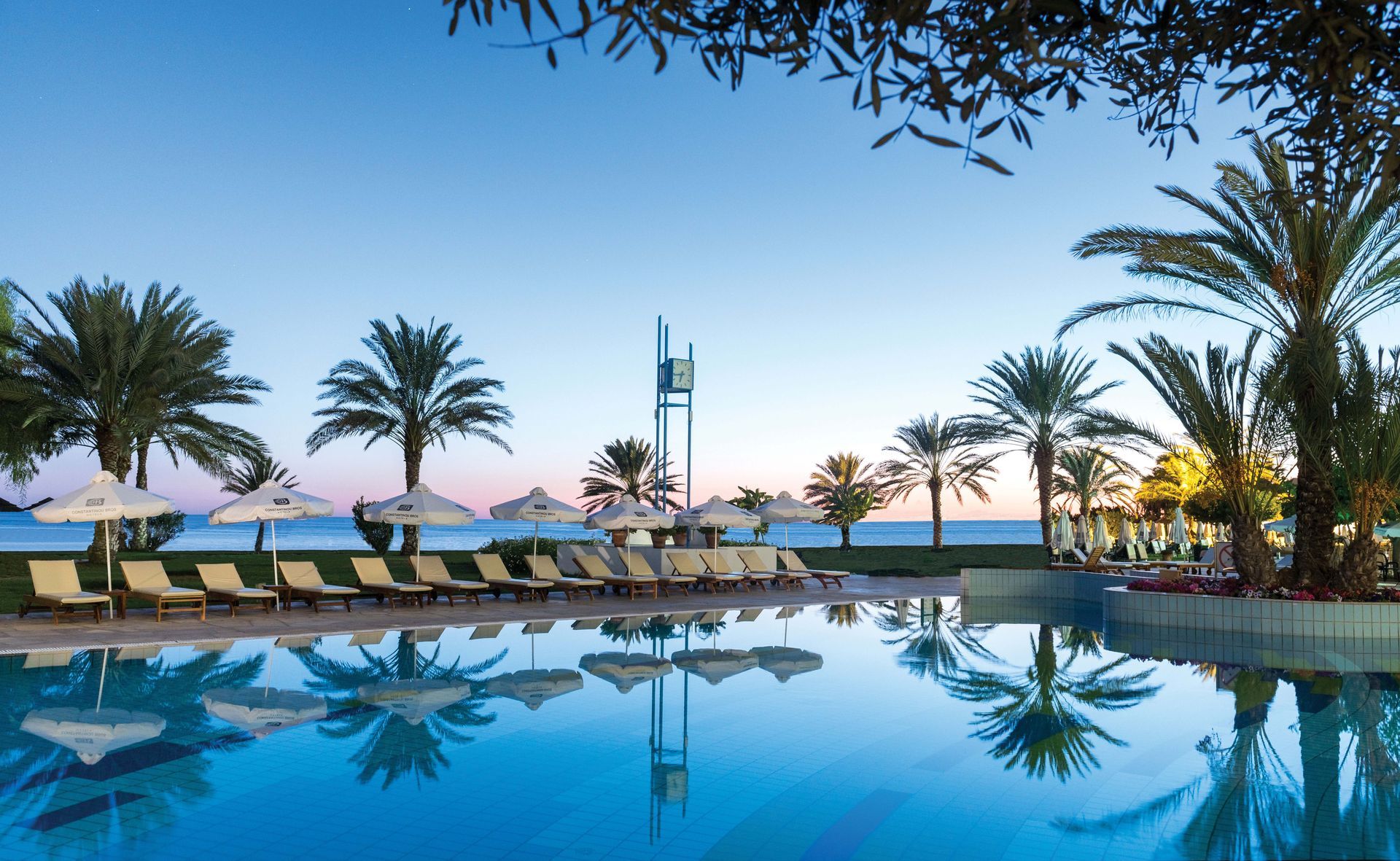 A large swimming pool surrounded by palm trees and chairs