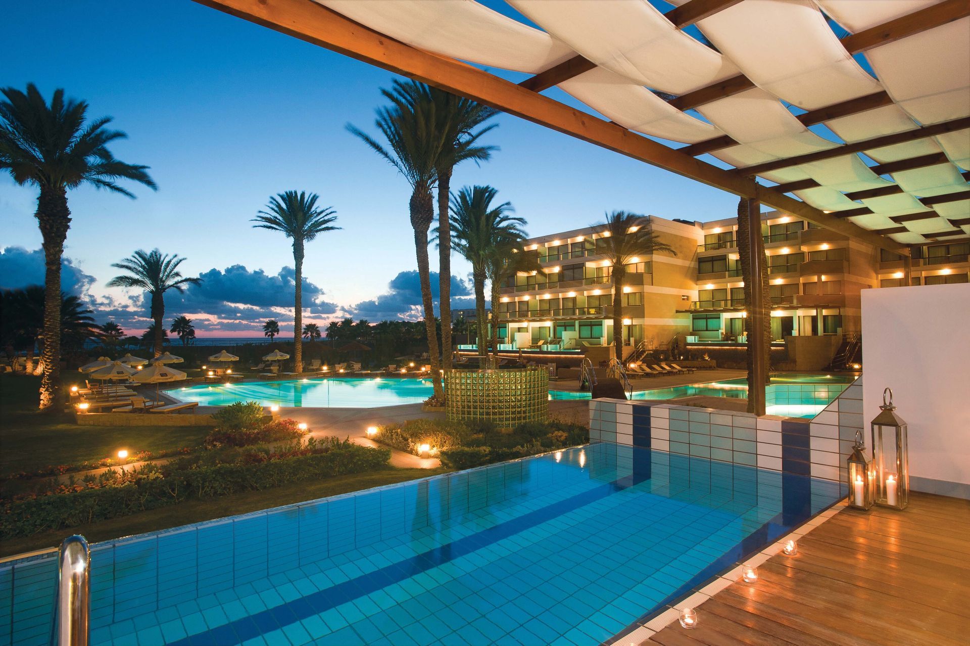 Holidays for Adults A large swimming pool with palm trees in the background