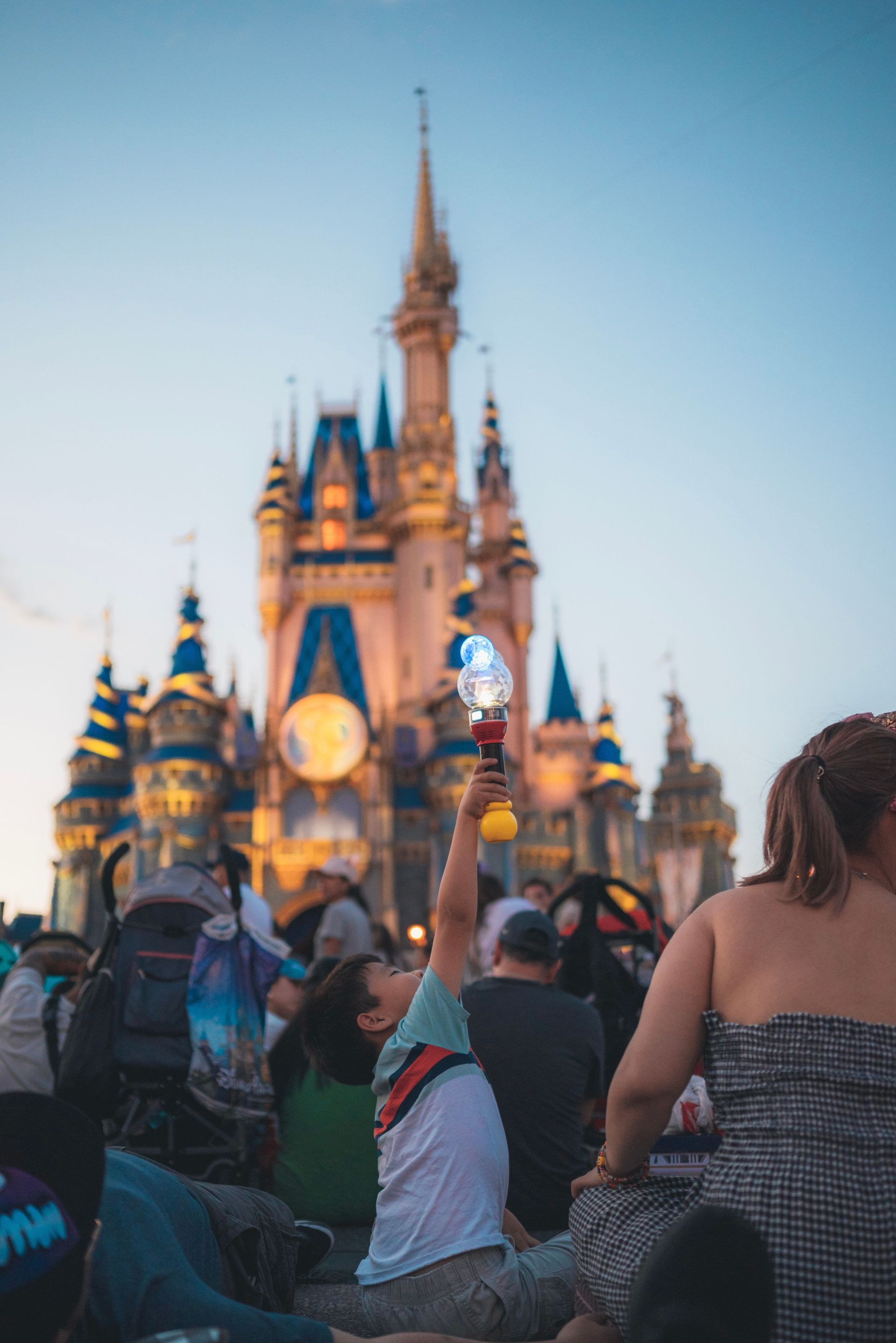 Crowd watching a lit-up castle at dusk in Disney World