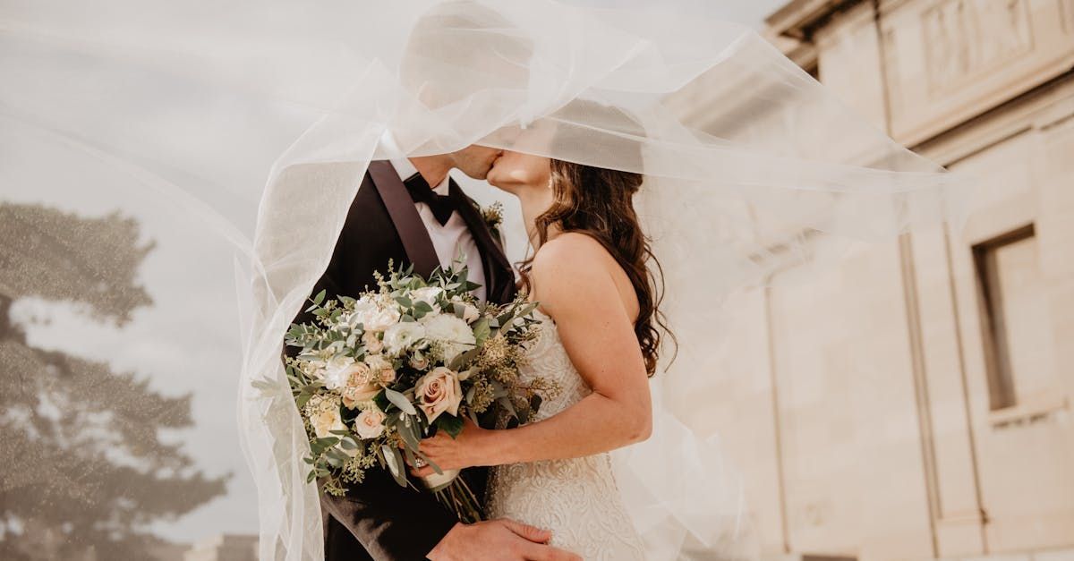 A bride and groom are kissing under a veil.