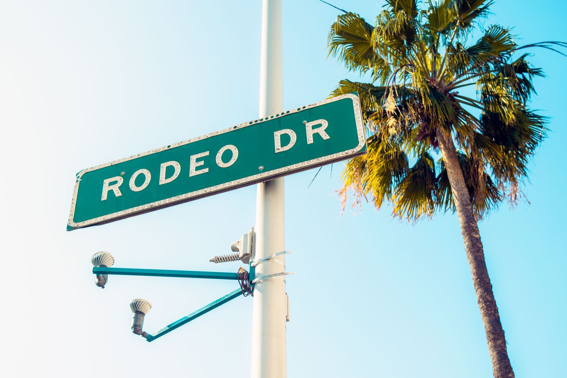 Rodeo Dr street sign on a pole beside palm trees against a blue sky