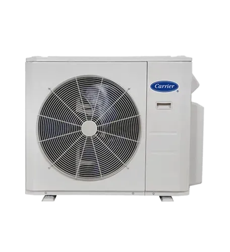 Carrier brand air conditioning unit, outdoor, with fan. White with blue logo.