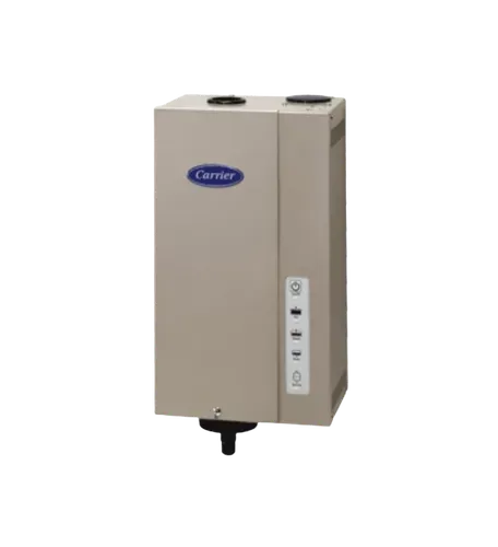 Tan Carrier humidifier with control panel and black nozzles.
