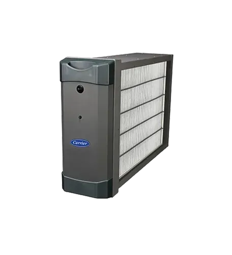 A Carrier air filtration system, gray metal casing with a filter on the side.