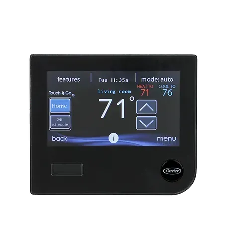 Black digital thermostat with a blue display showing current temperature, set points, and mode.