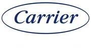 Logo for Carrier, a company, in navy blue font inside a light blue oval.
