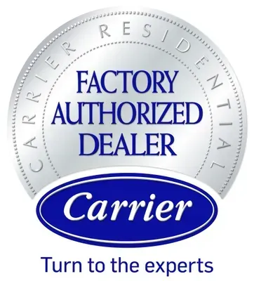 Carrier Factory Authorized Dealer logo: silver emblem with text and blue Carrier oval.