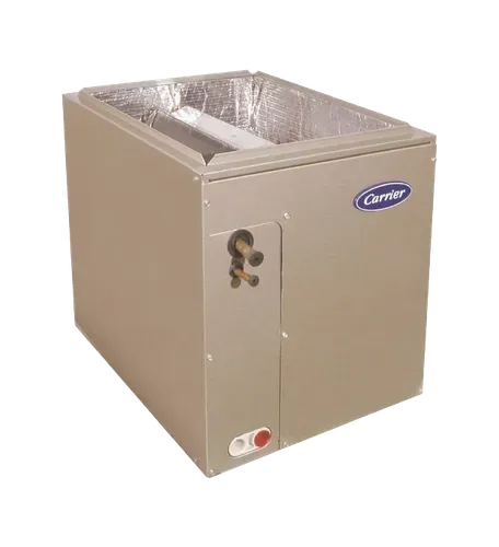 A beige Carrier air handler. Rectangular metal cabinet, with open top, and refrigerant lines.