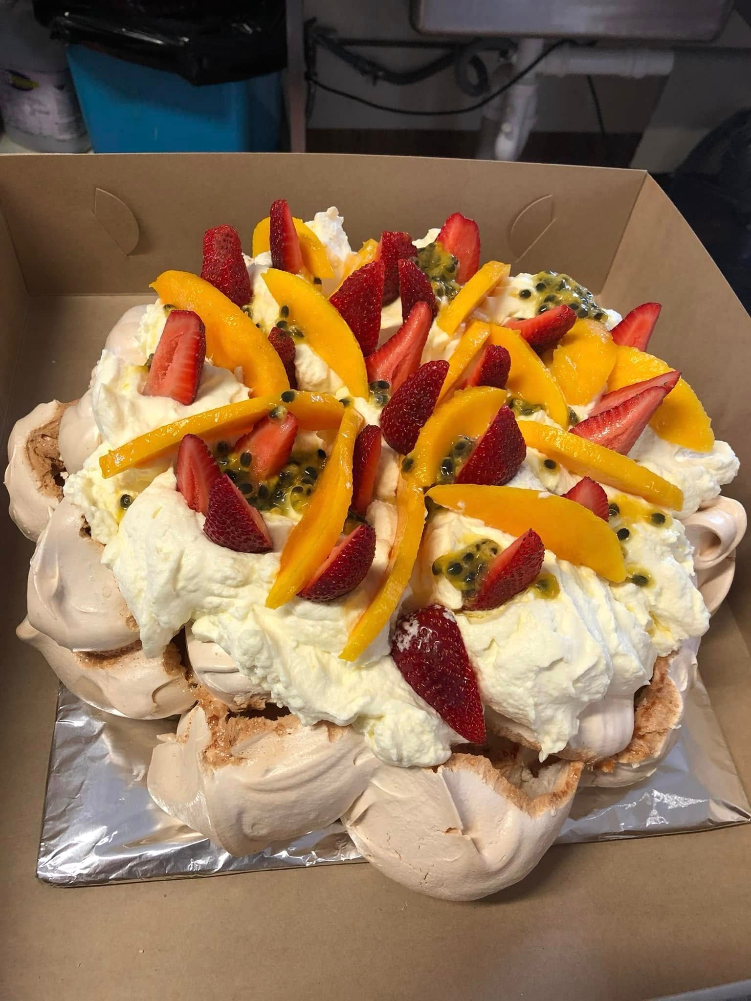 Strawberry Cake with White Frosting and Chocolate Drizzle in A White Box — Kape Centro In Childers, QLD 
