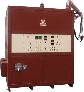 Una gran máquina roja y blanca con una manguera conectada a ella.