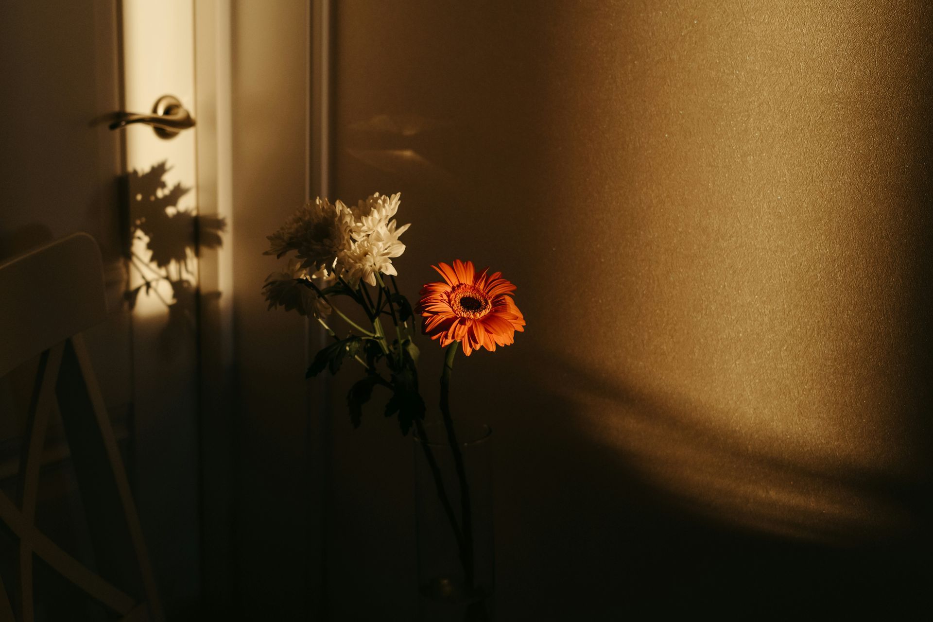 A couple of flowers sitting on a table in front of a door.
