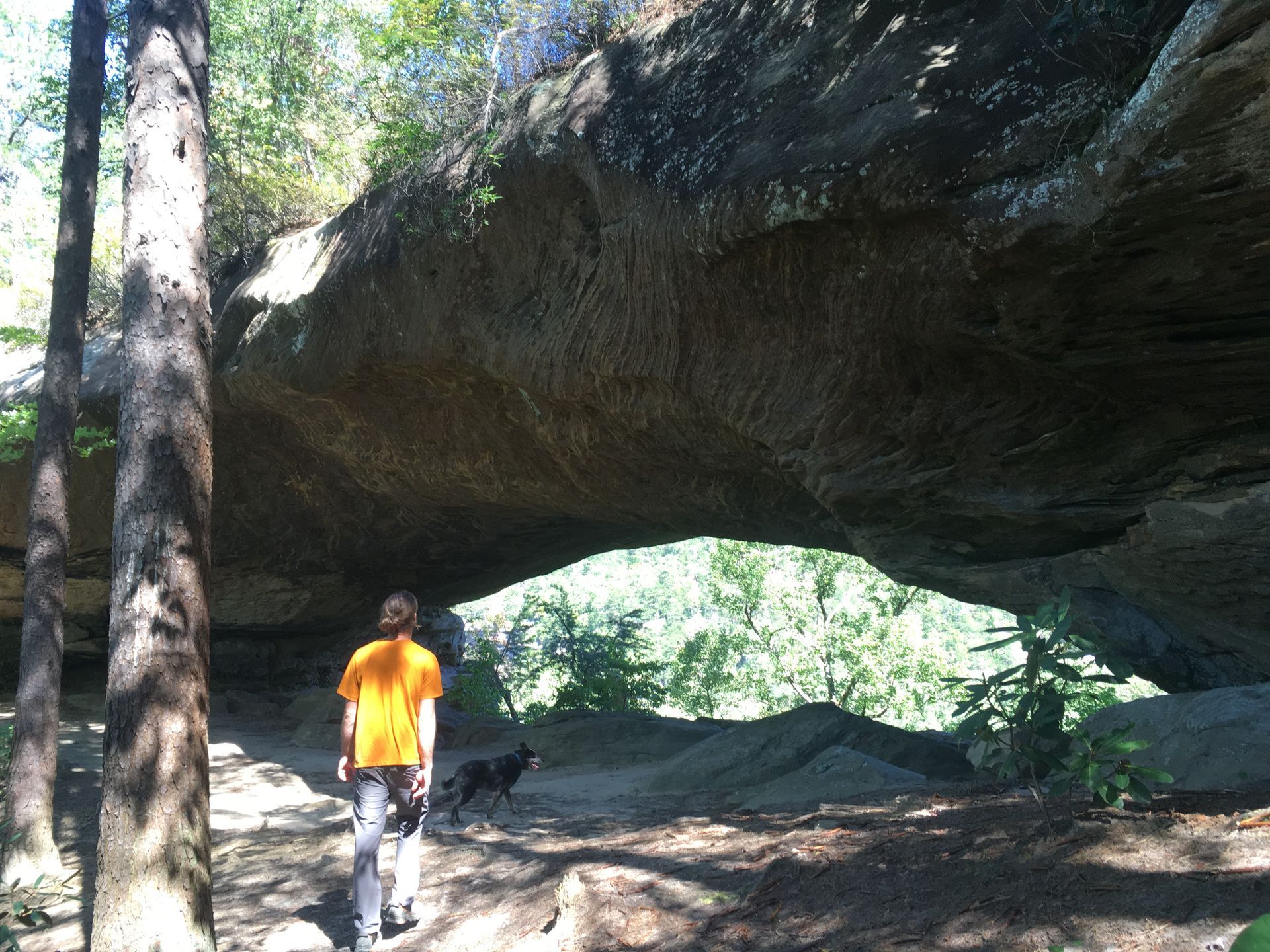 Weekend travelers hiking a ridge trail in the Red River Gorge canyon in Kentucky