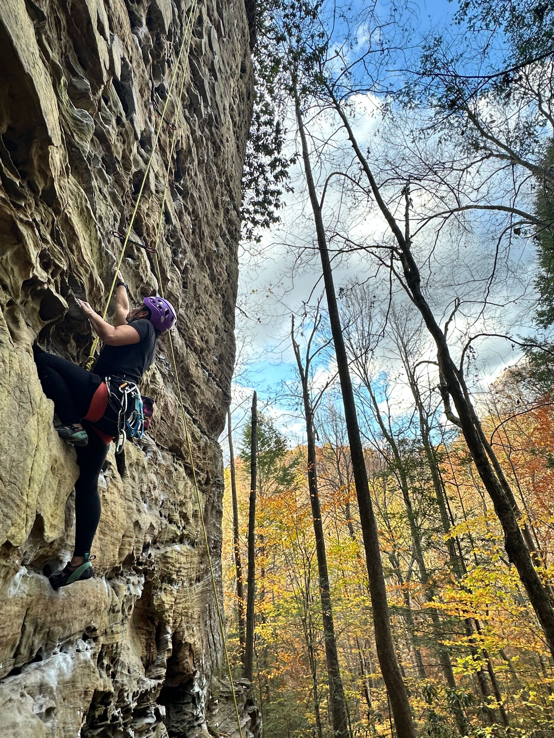 Climber in the Red River Gorge Via Ferrata on a sandstone cliffside, overlooking forested canyon views.