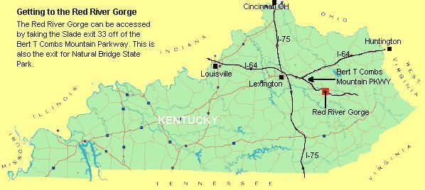 Map showing drive times to the Red River Gorge from Lexington Louisville Cincinnati and Nashville
