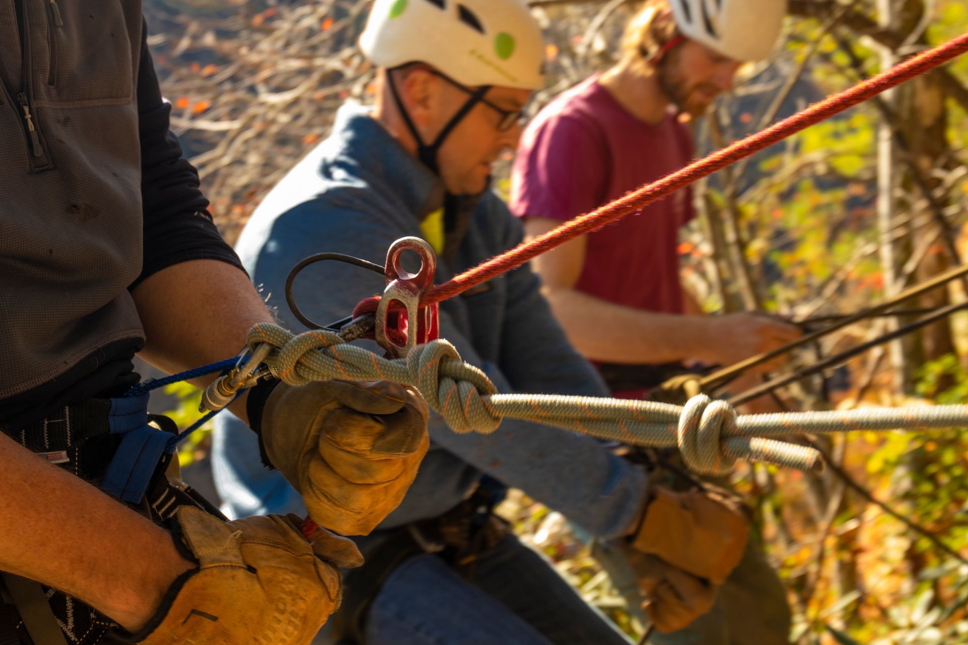 3 climbers rappelling with red river gorge climbing guides southeast mountain guides