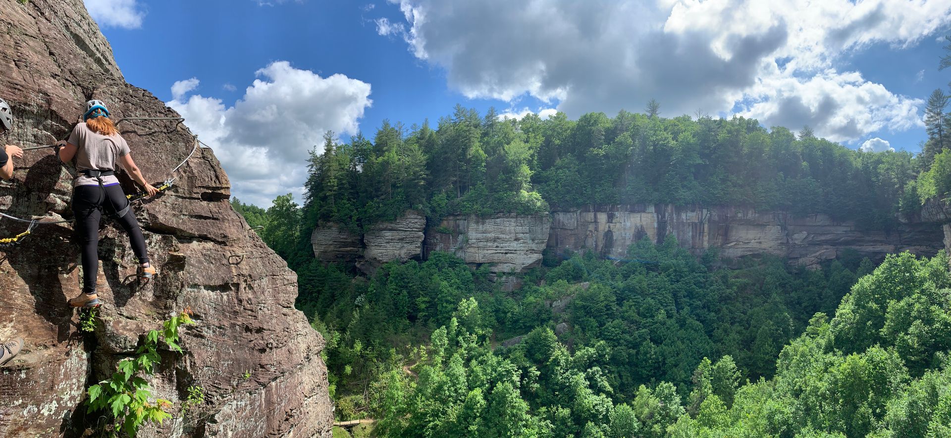 Climber on a sandstone via ferrata route at the Red River Gorge in spring with green foliage in the background