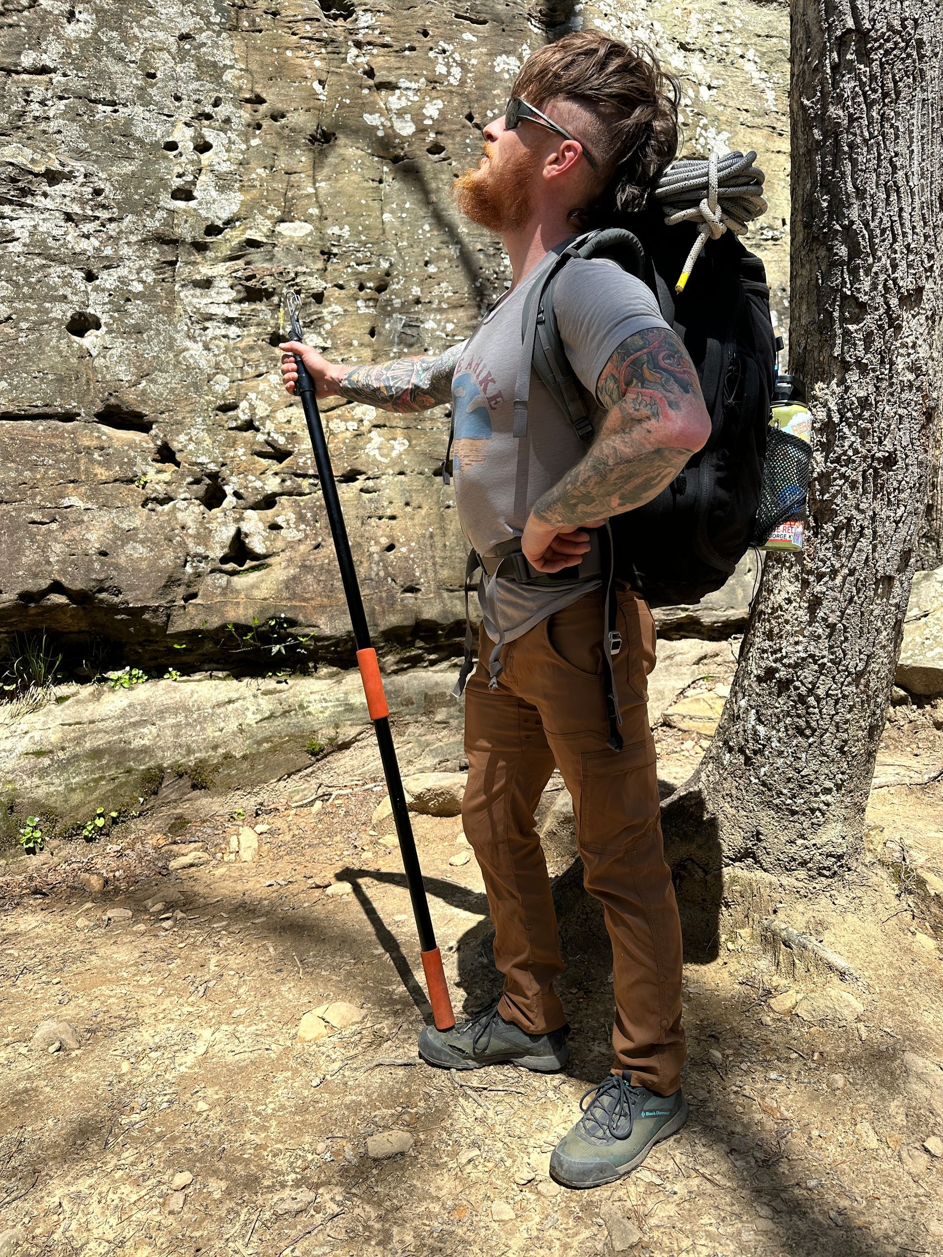 Red River Gorge climbing guide carries gear in Muir Valley