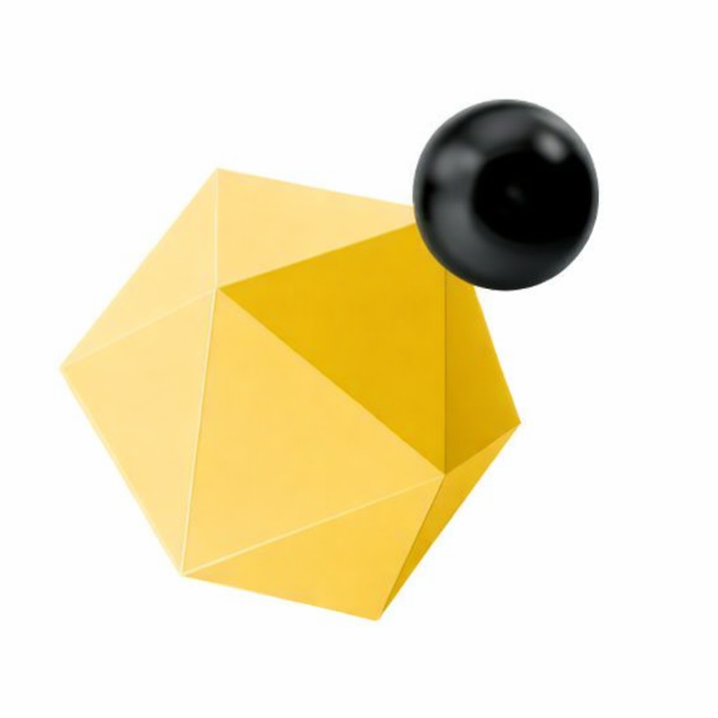 Yellow geometric shape with black sphere.
