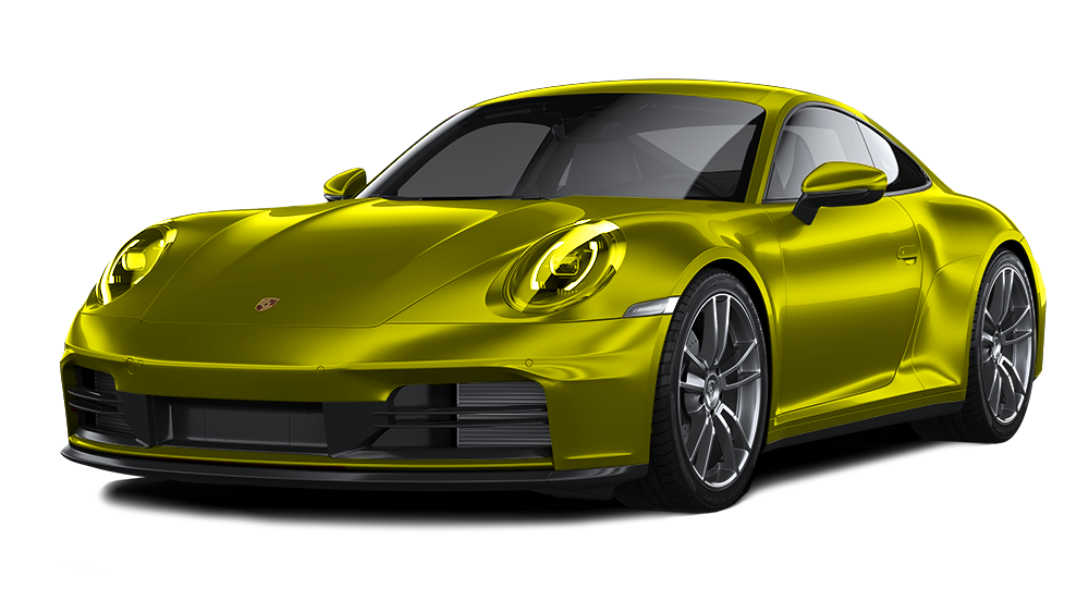 A gray porsche 911 with a yellow hood on a white background.