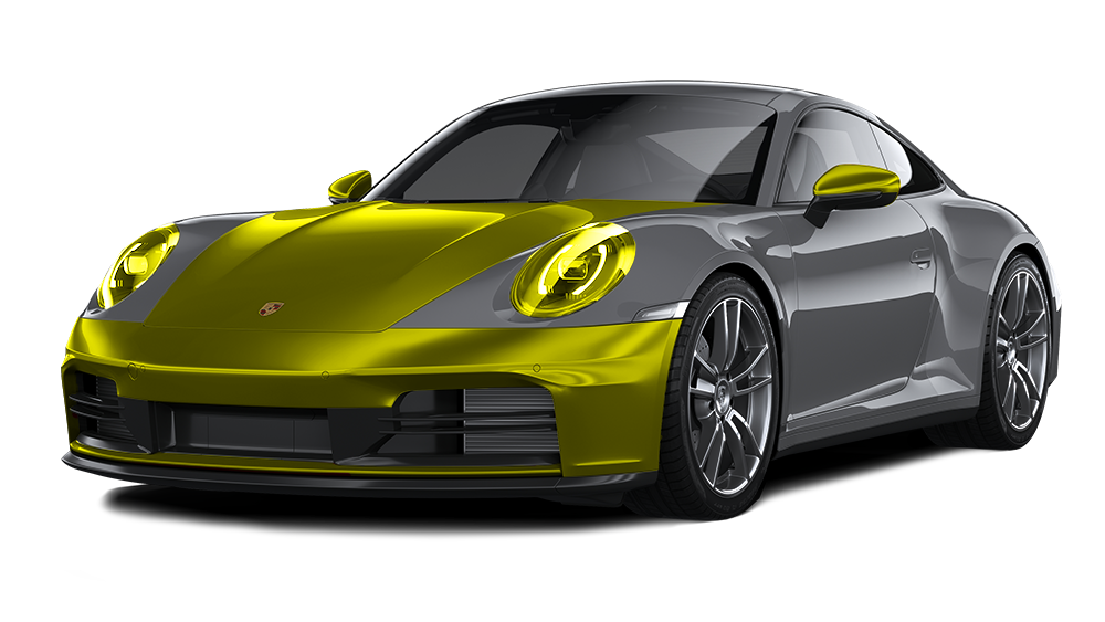 A gray porsche 911 with a yellow hood on a white background.