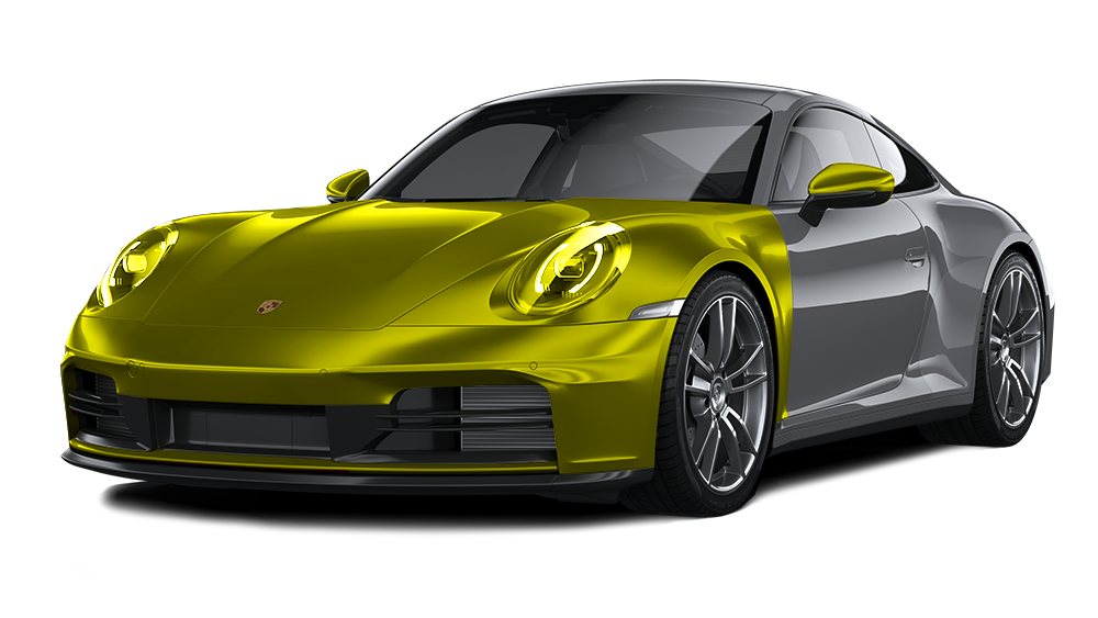 A gray porsche 911 with a yellow hood on a white background.