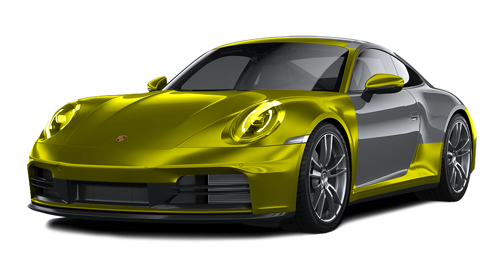 A gray porsche 911 with a yellow hood on a white background.